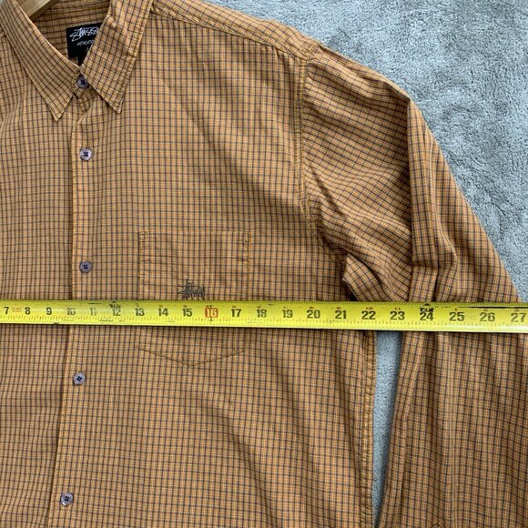 Stussy Shirt Mens Large Button Up Orange Long Sleeve Plaid Check Skater Pocket - Picture 3 of 10